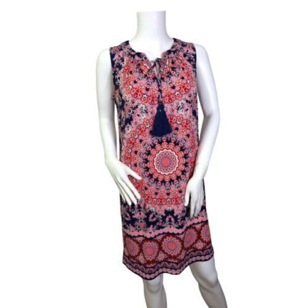 Chico’s Petite Floral Geo Print Dress Size 0 Small 4 Pink Blue Tassels Stretch